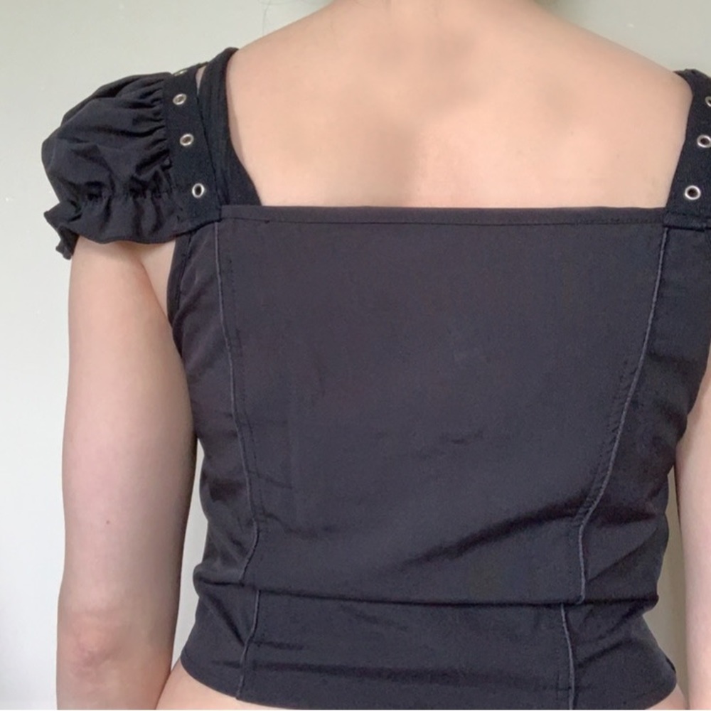 Black Lace Up Goth Grunge Puff Sleeve Blouse - Picture 4 of 7